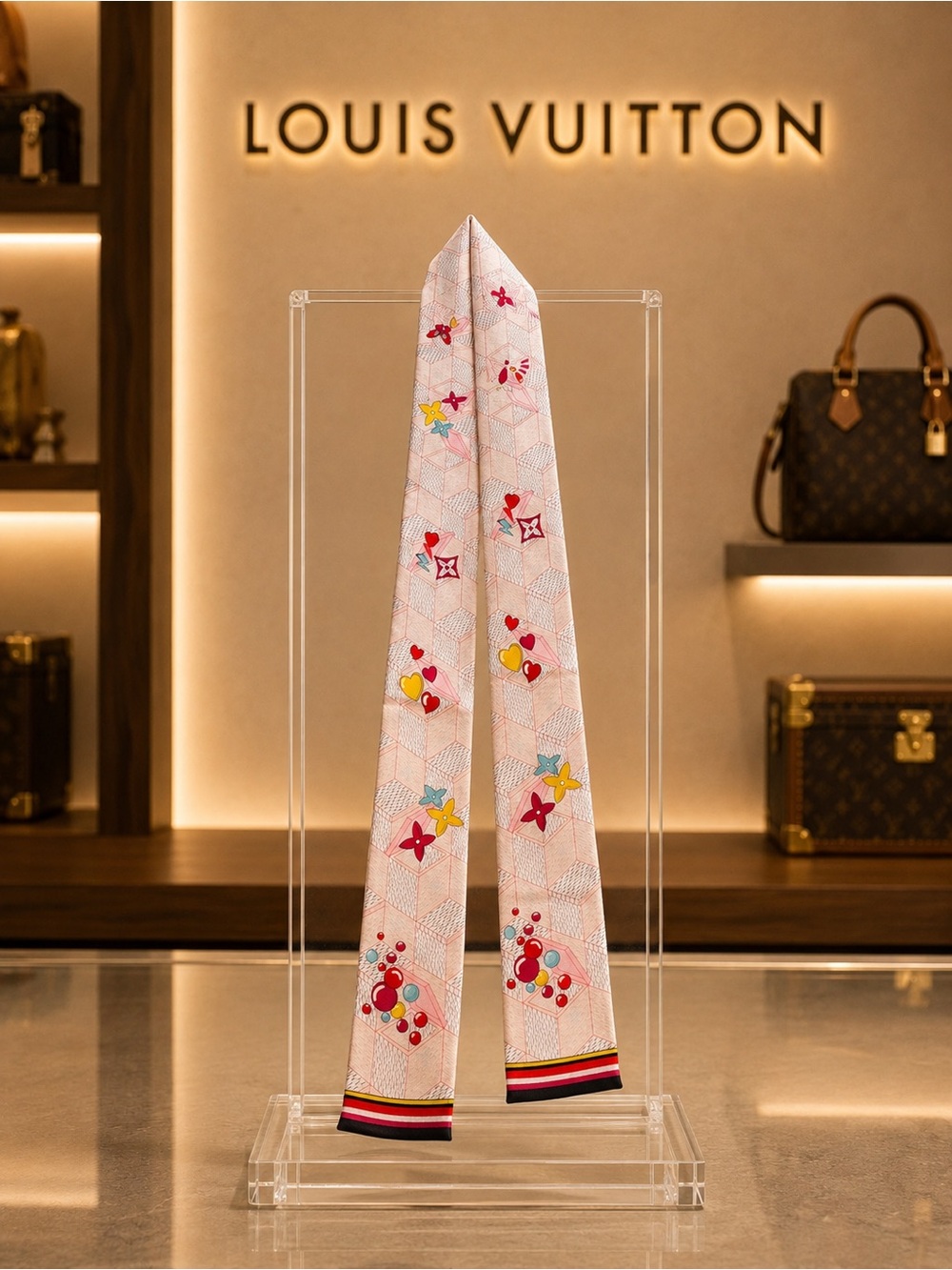 Louis Vuitton Pink Monogram Flower Silk Purse or hair Scarf 2-sided NWT